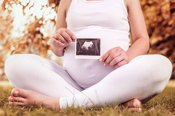 Concept de maternité, femme enceinte dans le parc
 - Photo, image