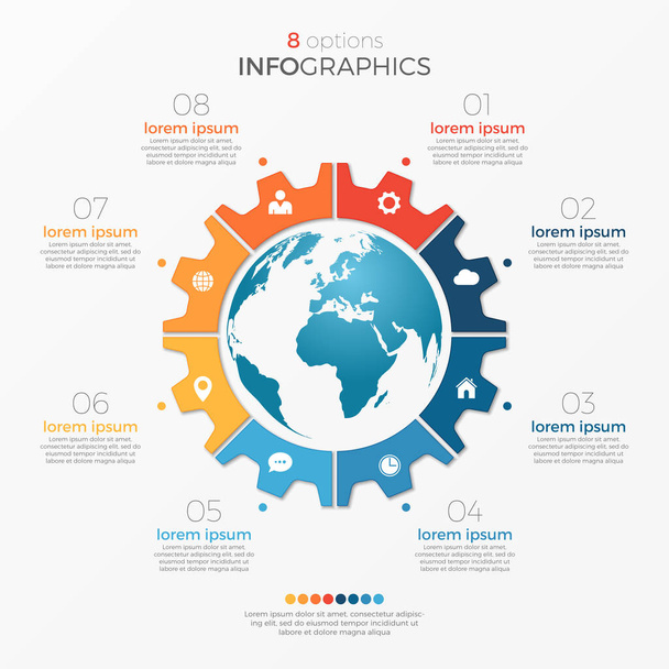 Kreisdiagramm-Infografik-Vorlage mit Globus 8 Optionen - Vektor, Bild