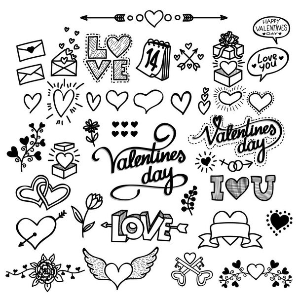Valentine`s Day set labels, emblems and other elements. Vector illustration EPS 10. Isolated on white background. Freehand drawing. - Vector, imagen