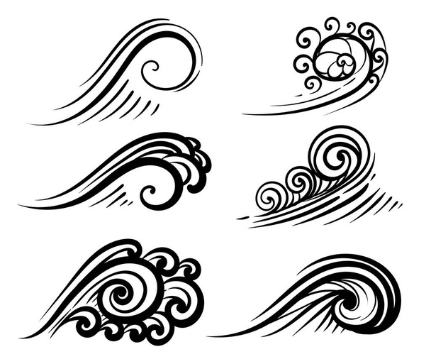 Fala fale oceanu lub morza kolekcji, surf i odrobiny ustawić curling wody elementów projektowych wektor ilustracja na białym tle - Wektor, obraz