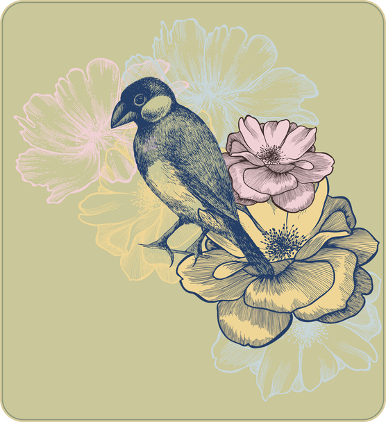 Vector illustration of birds and blooming roses, hand-drawing. - Vector, Imagen