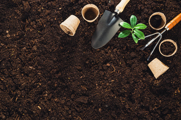 Gardening tools on garden soil texture background top view - Φωτογραφία, εικόνα