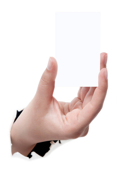 Gros plan d'une femme tenant à la main un isolat de carte de visite vierge
 - Photo, image