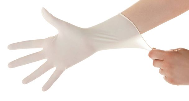 Arzt zeigt Hände mit sterilen Handschuhen isoliert auf weiß. medizinisch - Foto, Bild