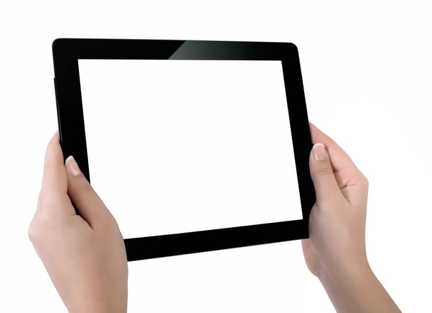 Hand holding a tablet computer with white screen. Woman hands sh - Photo, image