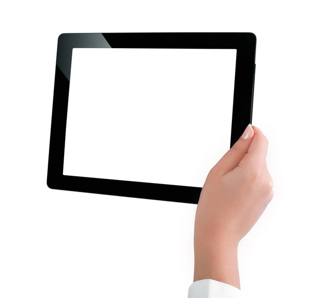 Mano che tiene un computer tablet con schermo bianco. Donna mani sh
 - Foto, immagini