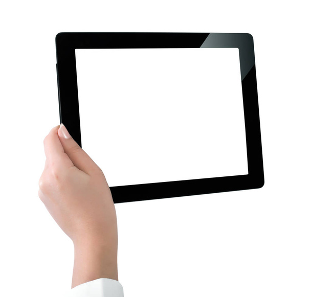 Kezében egy fehér képernyő tabletta számítógép. Nő kezet sh - Fotó, kép