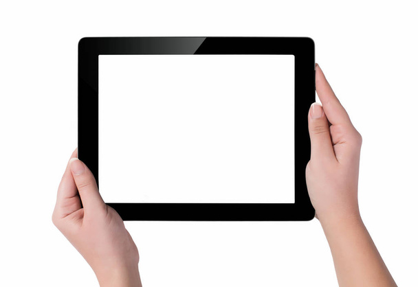 Hand met een tablet-pc met wit scherm. Vrouw handen sh - Foto, afbeelding