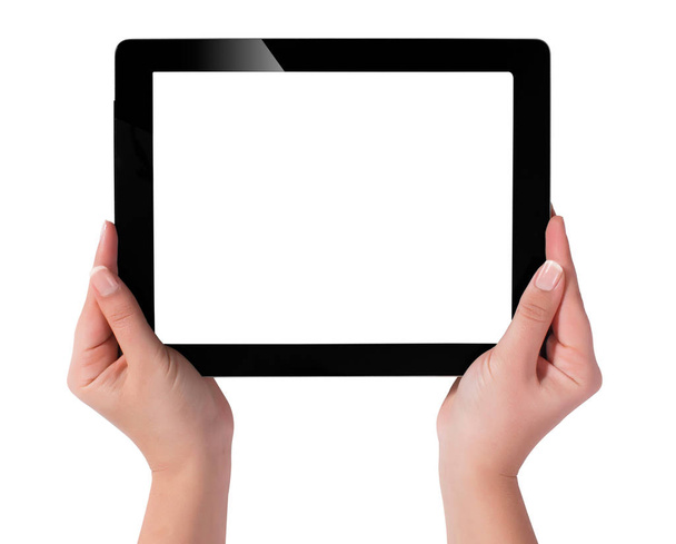 Mano sosteniendo una tableta con pantalla blanca. Mujer manos sh
 - Foto, Imagen