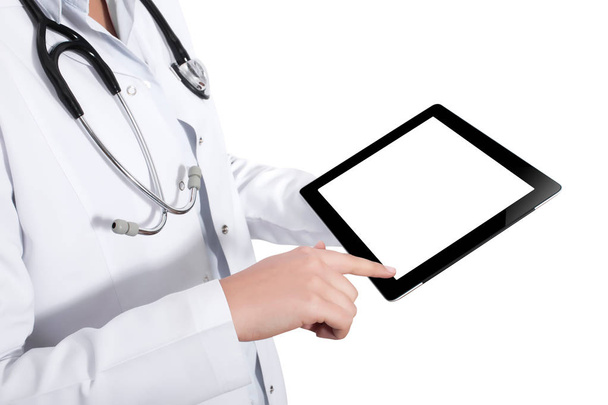 Lekarka ręce trzymając tablet pchand gospodarstwa tablet pc isol - Zdjęcie, obraz