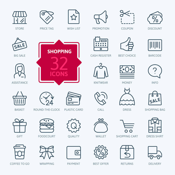 Shopping malls, retail - outline web icon collection, vector, thin line icons collection - Vector, Image