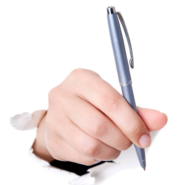 Hand writing on copy space. Beautiful female hand holding black  - Photo, Image