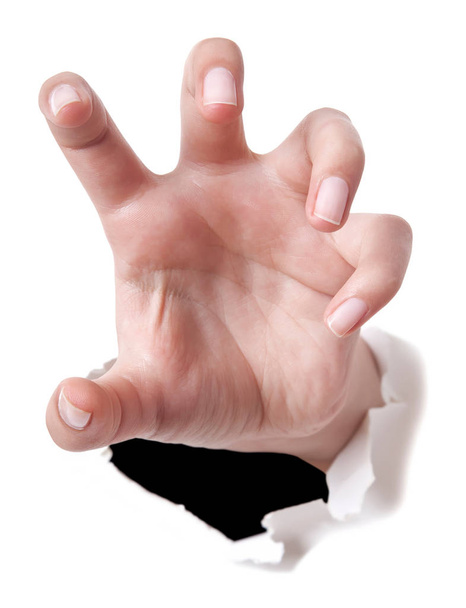 Τεντωμένο χέρι της γυναίκας που απομονώνονται σε λευκό φόντο. Ανοιχτό pal - Φωτογραφία, εικόνα