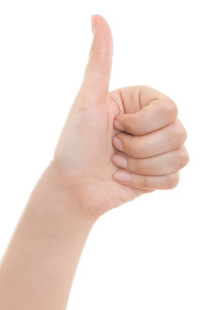 weibliche Hand zeigt Daumen hoch ok alle rechten Sieghandzeichen gest - Foto, Bild