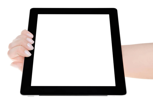 Mão segurando um computador tablet com tela branca. Mãos de mulher sh
 - Foto, Imagem