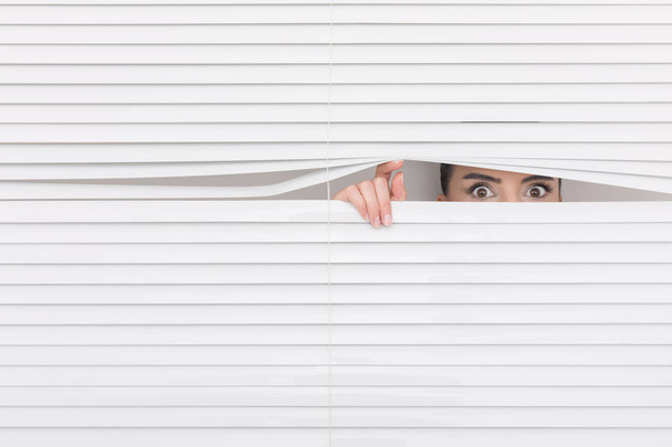 Portrait of a woman looking through out the blinds - 写真・画像
