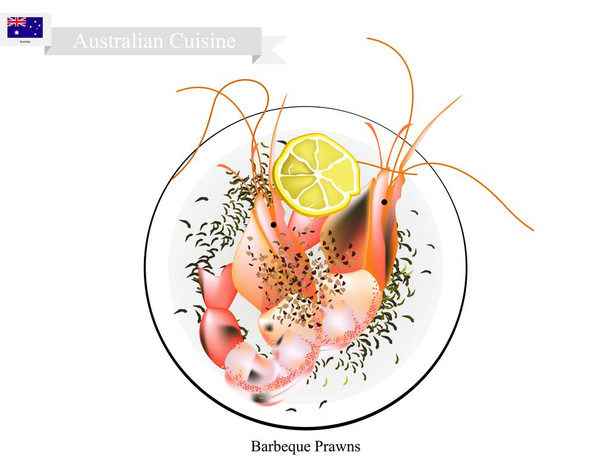 Camarão grelhado, um grande prato tradicional australiano
 - Vetor, Imagem