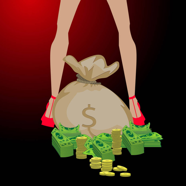 girl and a big bag of money. concept of finance - Vector, imagen