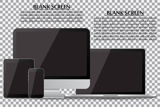 Σετ οθόνη ρεαλιστική υπολογιστή, φορητό υπολογιστή, tablet και κινητό τηλέφωνο με κενή μαύρη οθόνη κατά την απομόνωση φόντο - Διάνυσμα, εικόνα