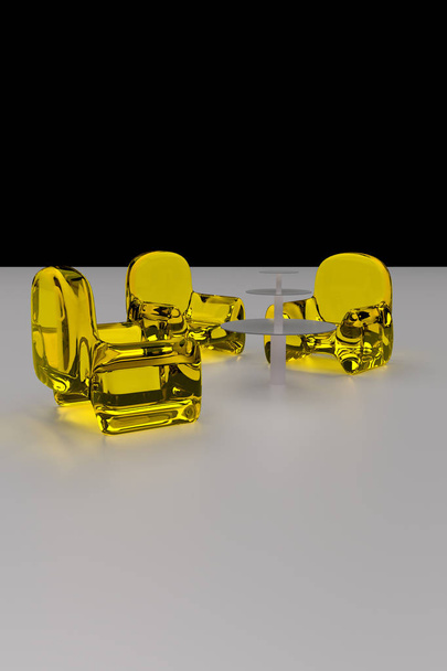 3D renderowania przezroczyste siedzenia i stół stoi na białej powierzchni  - Zdjęcie, obraz