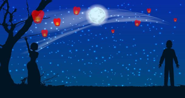 silhouet van liefhebbers laten de sky lantaarns - Vector, afbeelding