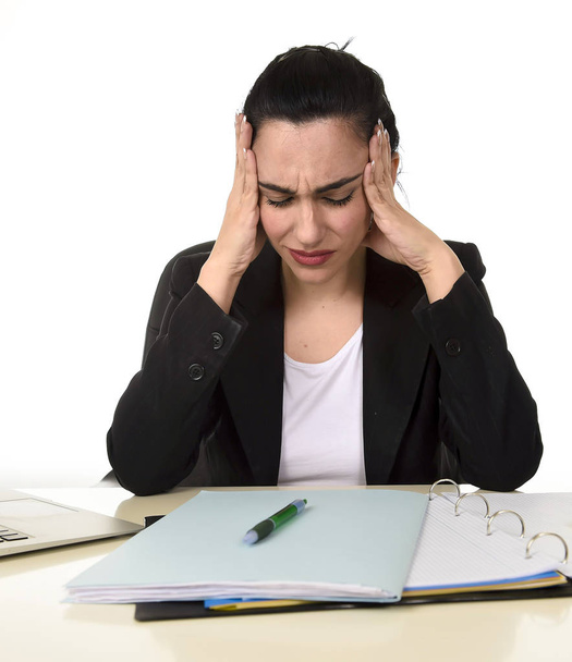 business woman working on laptop at office in stress suffering intense headache migraine  - Fotoğraf, Görsel