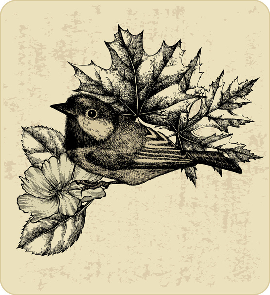 Vector illustration of the bird titmouse, leaves and wild rose. - Vetor, Imagem