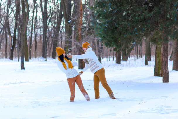 Retrato de jovem casal sorrindo e jogando bolas de neve no inverno
 - Foto, Imagem
