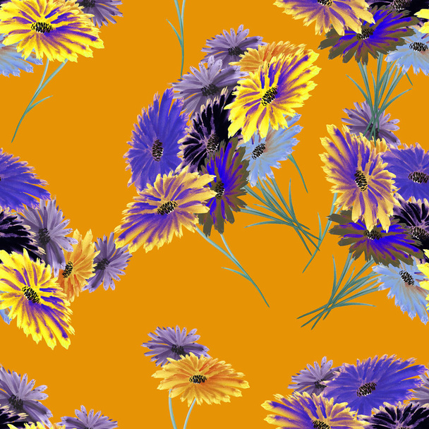 Seamless pattern wild violet, yellow, blue flowers on a orange background. Watercolor. - Фото, зображення
