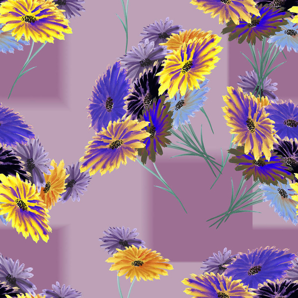 Бесшовный узор дикий фиолетовый, желтый, голубые цветы с геометрической фигурой на фиолетовом фоне с графическими фигурами. Акварель
. - Фото, изображение