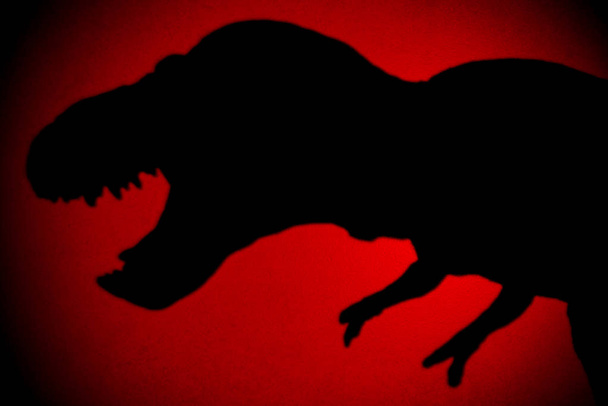Тень тираннозавра с красным пятном света в темноте
 - Фото, изображение