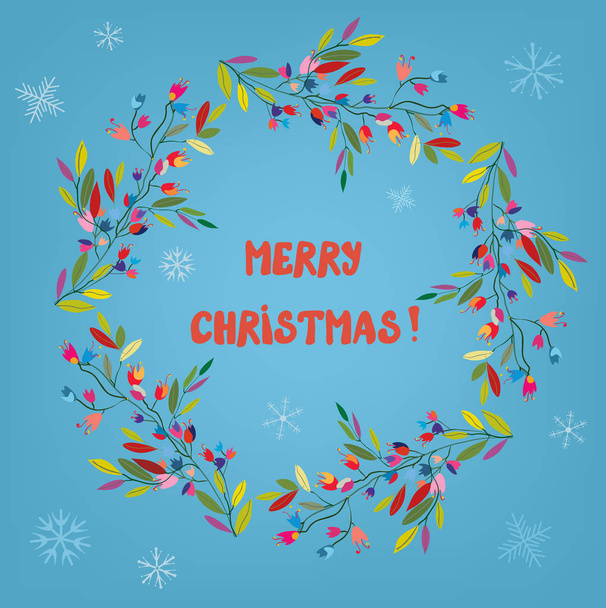 Merry Christmas card with floral wreath and snow  - Vector, Image
