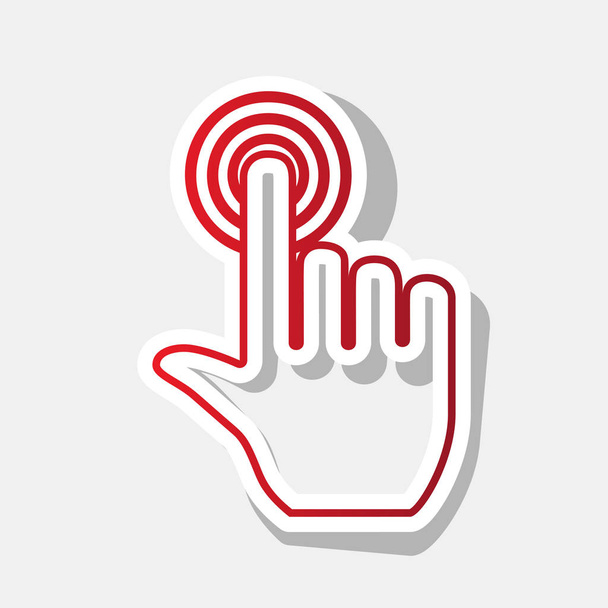 Hand click on button. Vector. New year reddish icon with outside stroke and gray shadow on light gray background. - Vector, Image
