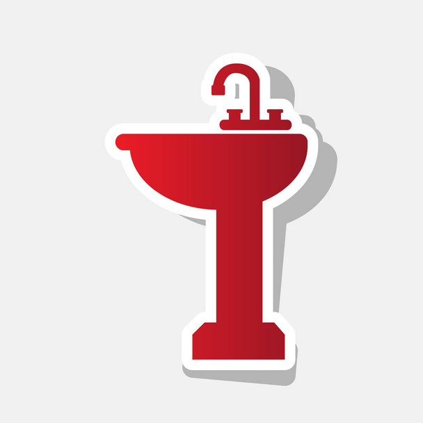 Fürdőszoba mosogató jele. Vektor. Új év vöröses ikon-val külső körvonal és szürke árnyék, világos szürke háttér. - Vektor, kép