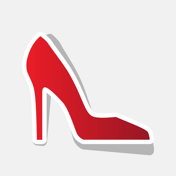 女性靴のサイン。ベクトル。明るい灰色の背景に外ストロークと灰色の影で新年の赤アイコン. - ベクター画像