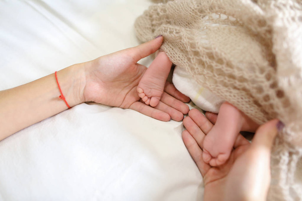 Мами тримають в руках крихітні ноги новонародженої дитини, покриті вузол
 - Фото, зображення