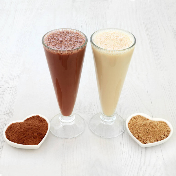 Chocolate Whey and Maca Herb Root Powder Drinks - Photo, Image