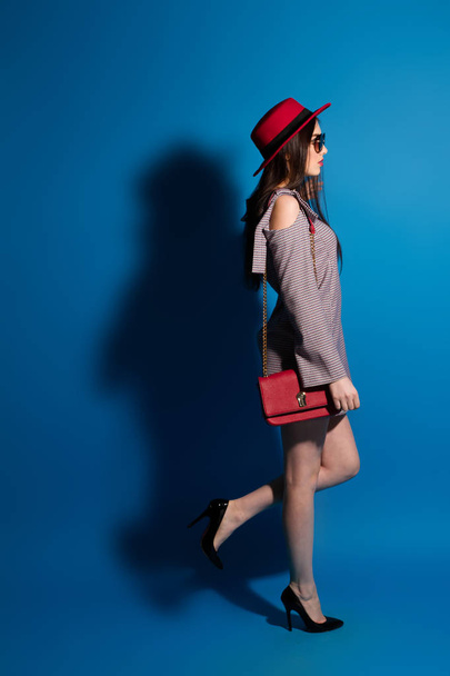 Lovely model in fashionable red Hat and a red Clutch on blue background. - Zdjęcie, obraz