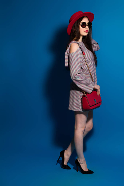 Lovely model in fashionable red Hat and a red Clutch on blue background. - Foto, Imagem