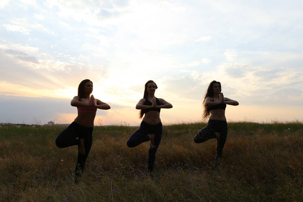 Энергичные девушки, стоящие на одной ноге и согнутые на локтях в f
 - Фото, изображение