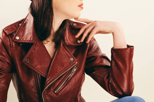 Rock chick in leather jacket, full length. Fashion portrait of elegant woman, studio shot - Photo, Image
