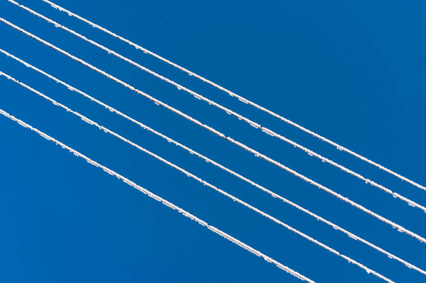 Neve em fios elétricos de geada
 - Foto, Imagem