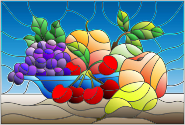Illustration in stained glass style with still life, fruits and berries in blue bowl - Vector, Image