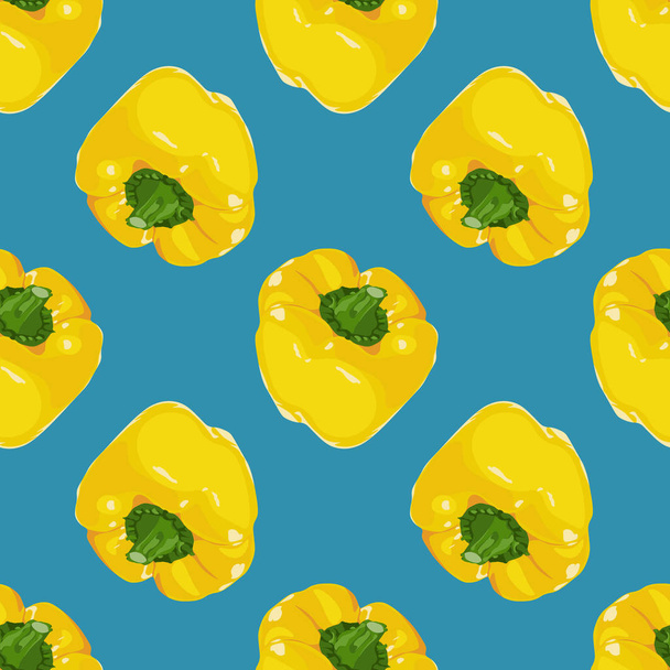 Vector seamless pattern with realistic yellow bell peppers on blue background. Design for menu, wrapping, website - Vektor, Bild