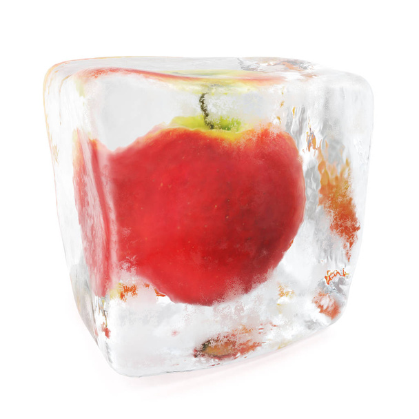 Apple frozen in ice cube. Ice cube in front view, single ice cube isolated on white background. 3d rendering - Photo, Image
