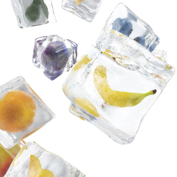 Fruits frozen in ice cube, ice cube in front view, single ice cube isolated on white background. 3d rendering - Foto, immagini