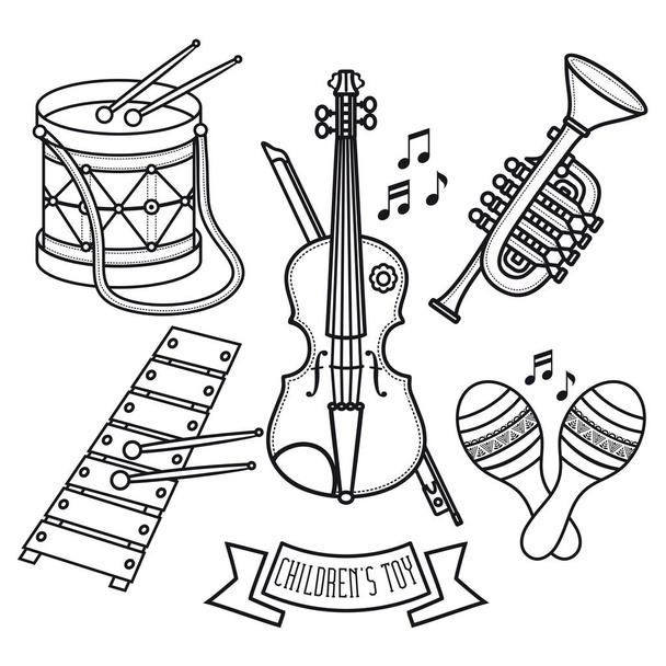 Muziekinstrumenten. Kinderspeelgoed. Instellen. Viool, drums, glockenspiel, maracas,  - Vector, afbeelding
