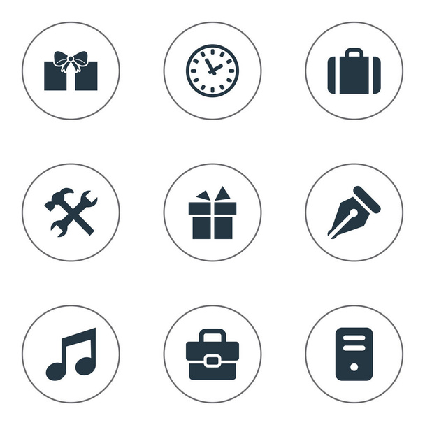 Set di 9 icone semplici accessori. Possono essere trovati elementi come riparazione, unità di sistema, regalo e altri
. - Vettoriali, immagini