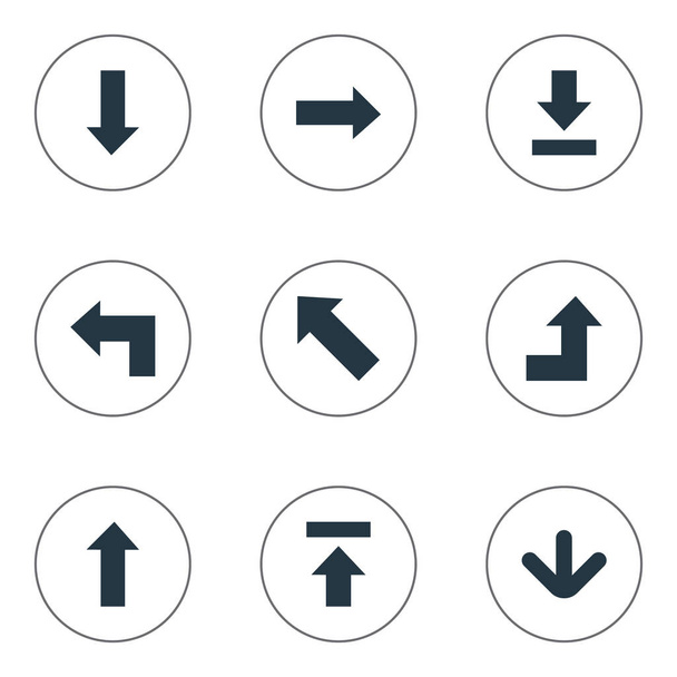 Zestaw 9 prosty wskaźnik ikon. Można znaleźć takie elementy jak wskaźnik, skierowaną w dół, ku dołowi wskazując i inne. - Wektor, obraz