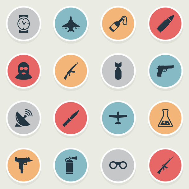 Conjunto de 16 iconos de terror simples. Se pueden encontrar elementos tales como reloj, munición, receptor de señal y otros
. - Vector, imagen